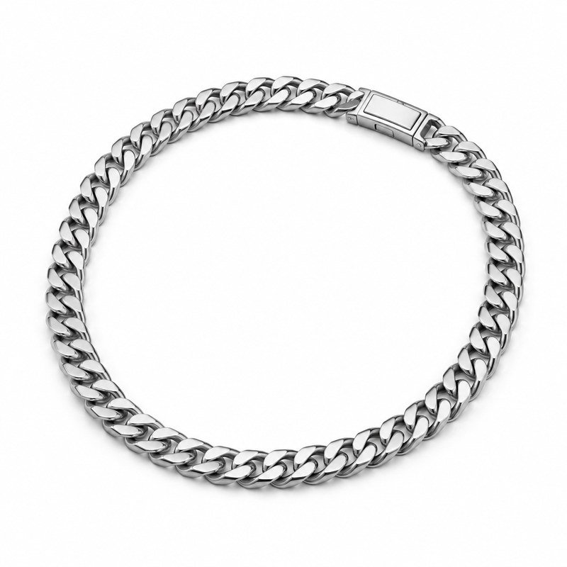 Men's polished stainless steel Cuban link necklace shown at a 45-degree angle
