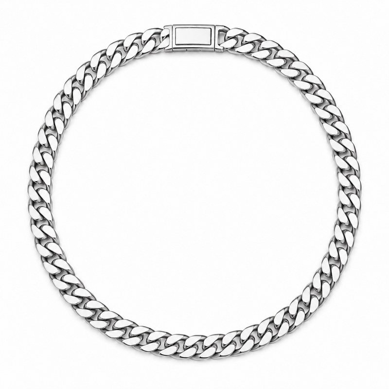 Front view of an 8 mm men's stainless steel Cuban chain necklace with box clasp