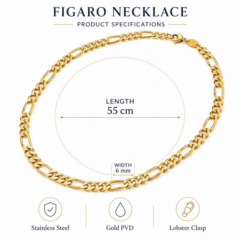 55 cm long and 6 mm wide Figaro necklace specifications in stainless steel with gold PVD