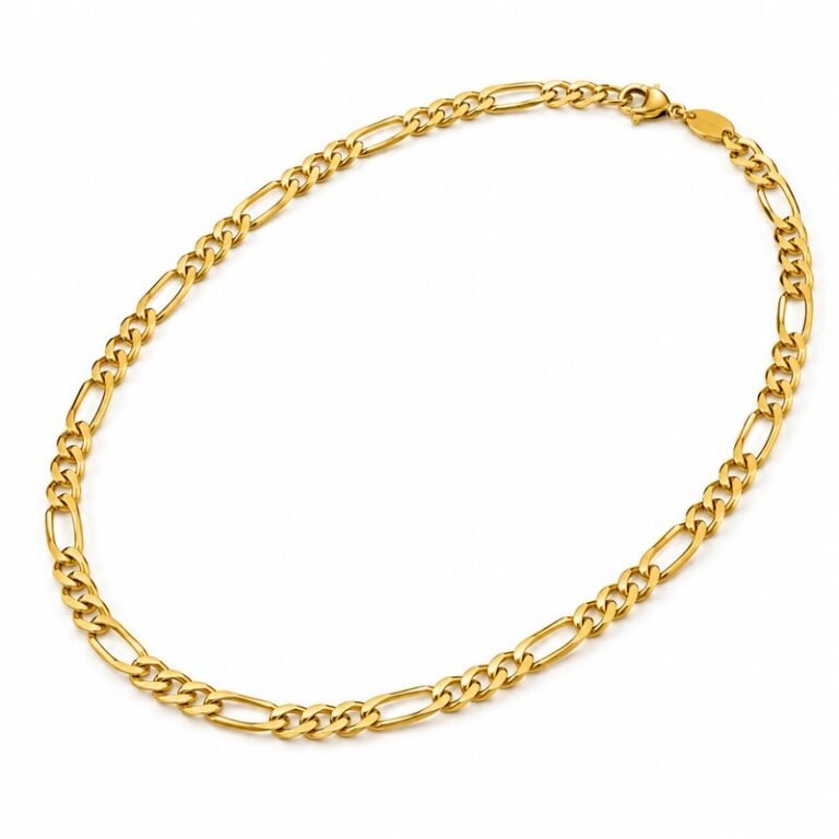 Gold PVD stainless steel Figaro chain necklace shown at a 45-degree angle