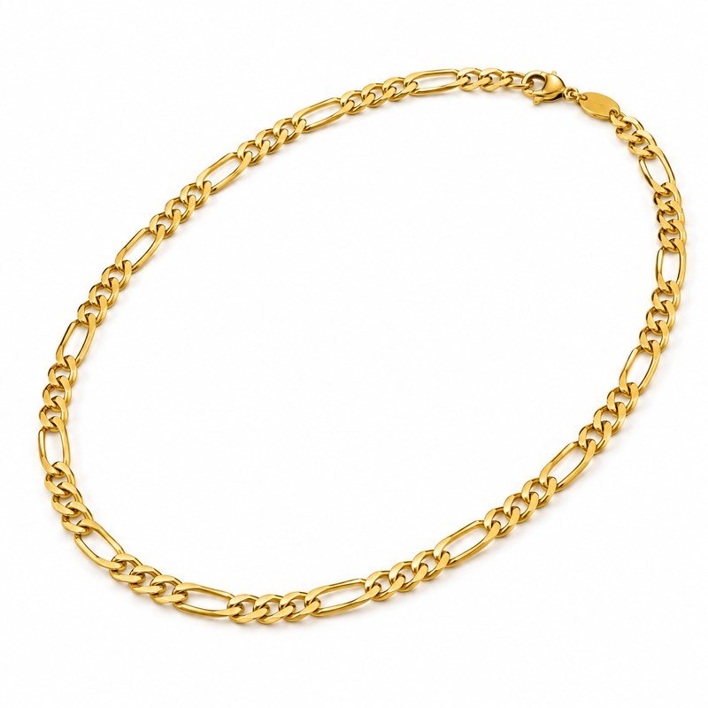 Gold PVD stainless steel Figaro chain necklace shown at a 45-degree angle