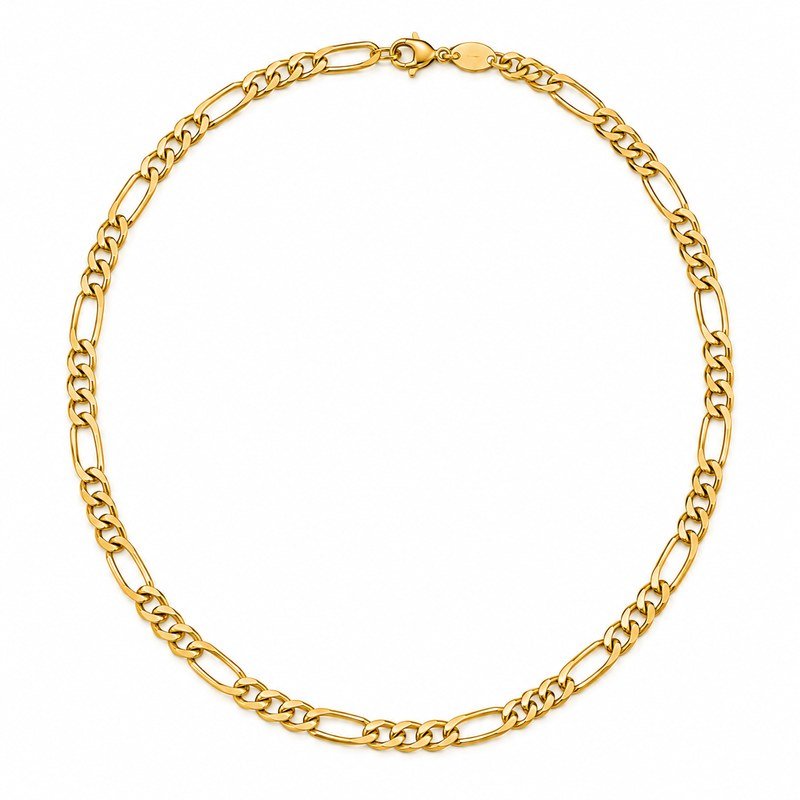 Front view of a polished gold stainless steel Figaro necklace with lobster clasp