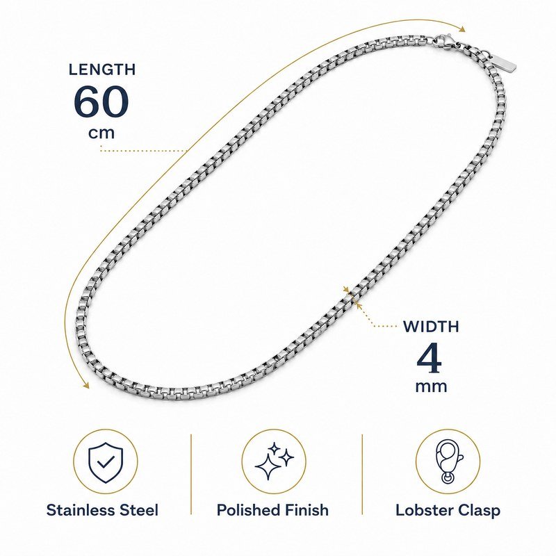 60 cm long and 4 mm wide polished stainless steel box chain necklace specifications
