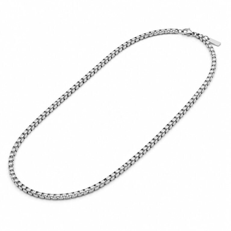 Men's polished stainless steel box chain necklace shown at a 45-degree angle