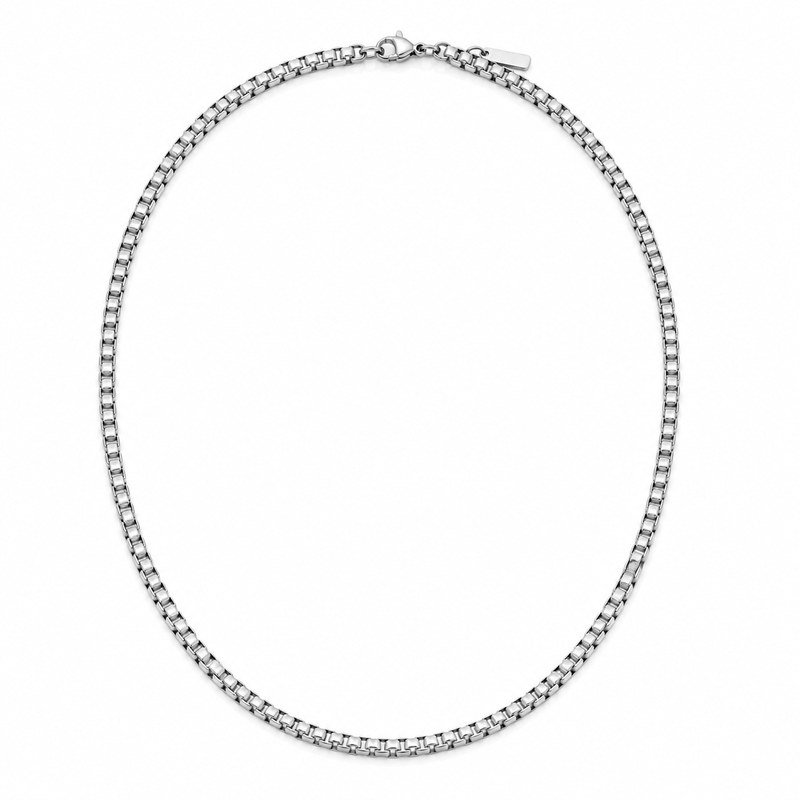 Front view of a 4 mm polished stainless steel box chain necklace