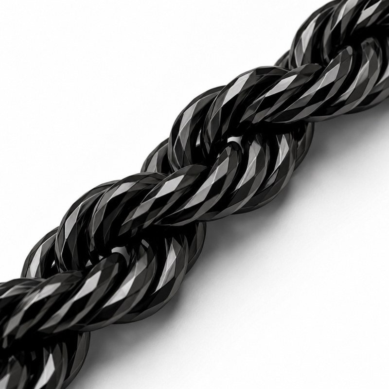 Diamond-cut twisted link detail of a black PVD stainless steel rope chain