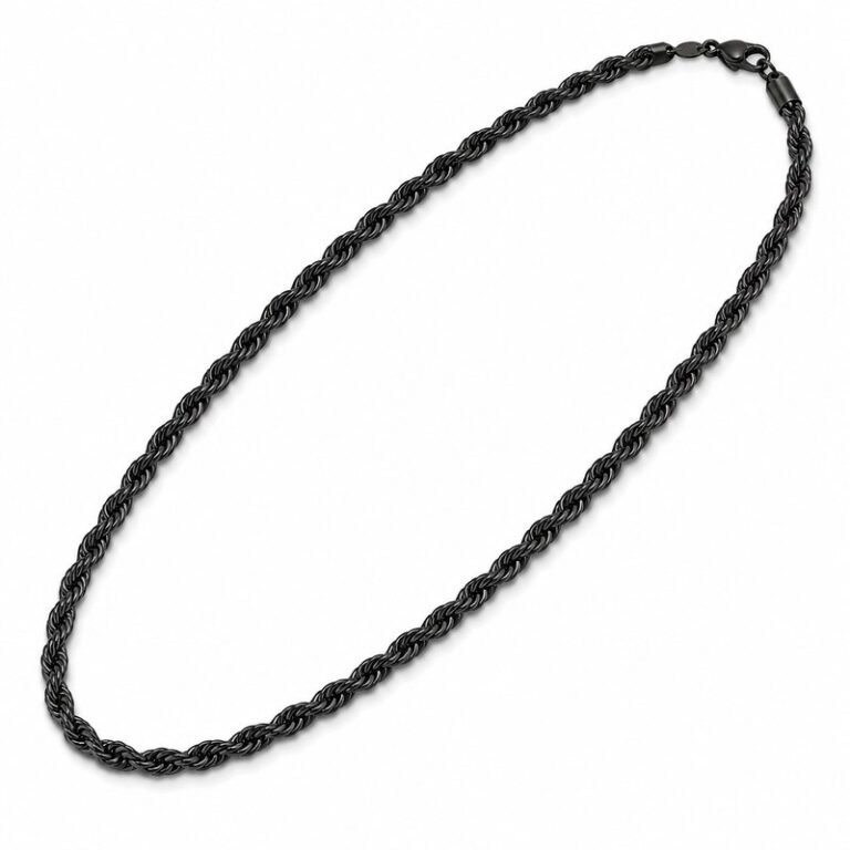 Black PVD stainless steel rope chain necklace shown at a 45-degree angle