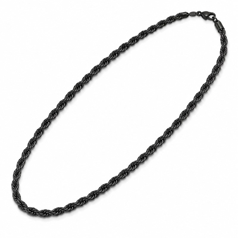 Black PVD stainless steel rope chain necklace shown at a 45-degree angle