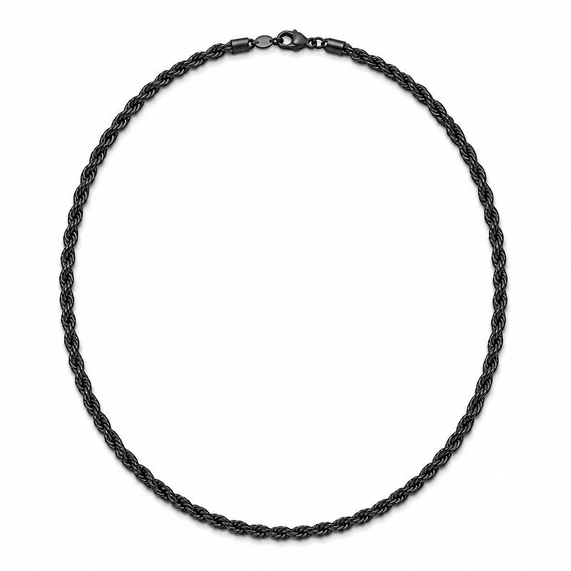 Front view of a 5 mm black stainless steel rope chain necklace