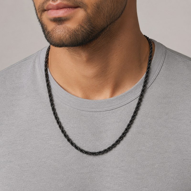 Male model wearing a black stainless steel rope chain necklace