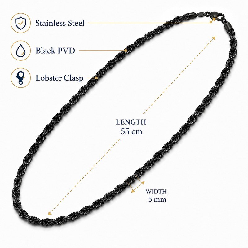55 cm long and 5 mm wide black PVD rope necklace specifications in stainless steel
