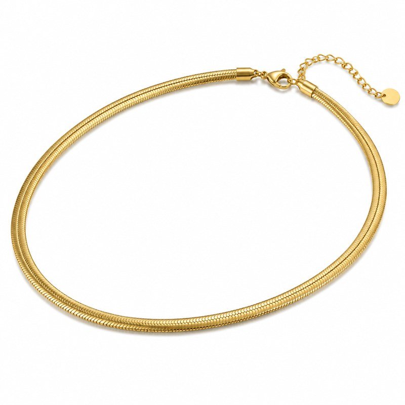 Gold PVD stainless steel snake chain necklace shown at a 45-degree angle