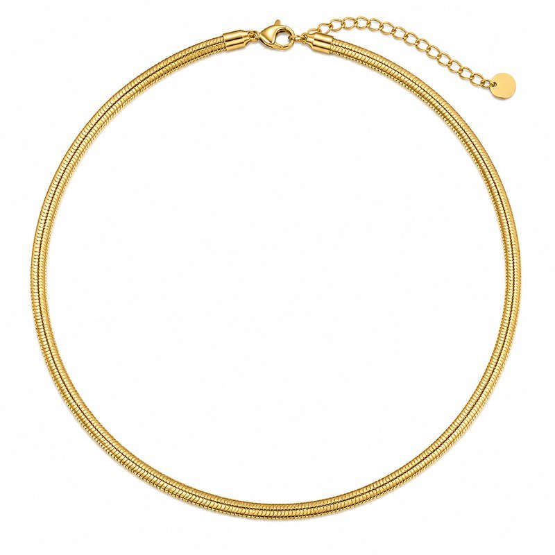 Front view of a gold stainless steel snake chain necklace with extender