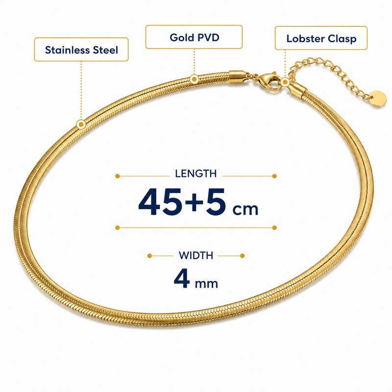 45+5 cm long and 4 mm wide gold PVD snake necklace specifications in stainless steel