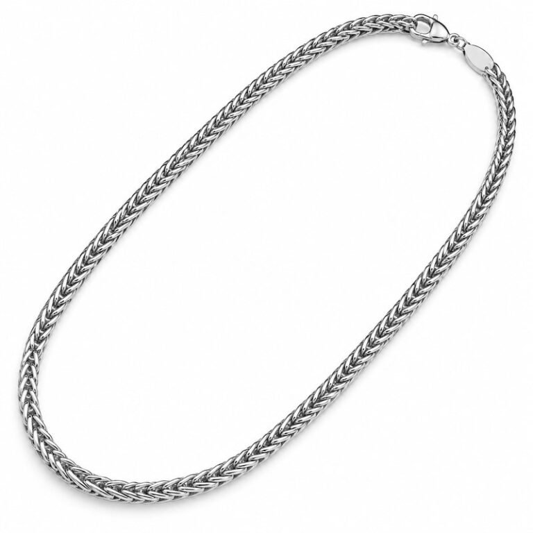 Men's polished stainless steel wheat chain necklace shown at a 45-degree angle
