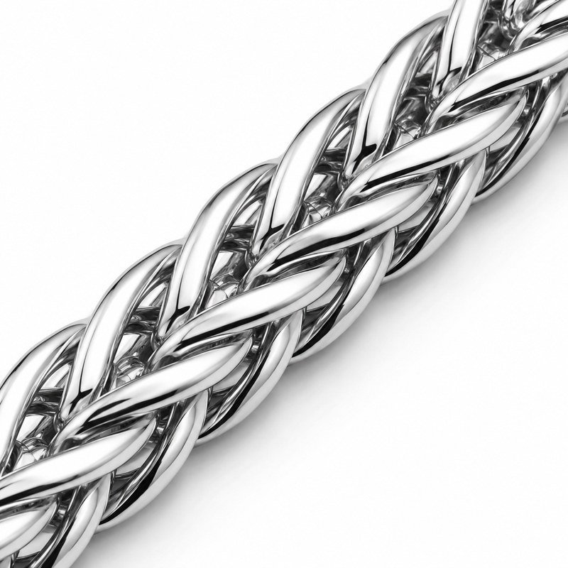 Polished four-strand braided link detail of a stainless steel wheat chain