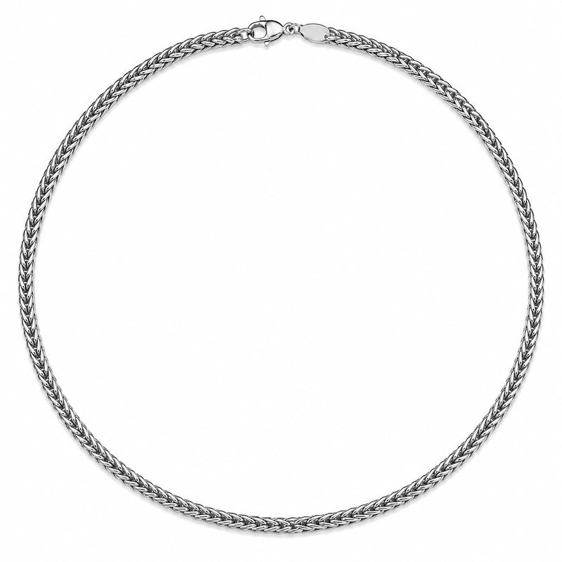Front view of a 5 mm polished stainless steel wheat chain necklace