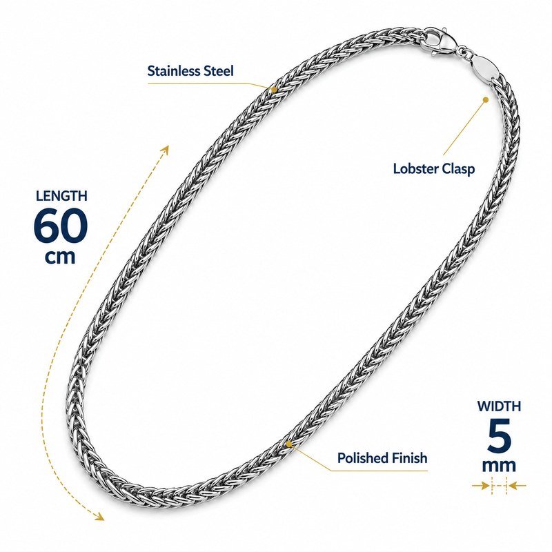 60 cm long and 5 mm wide polished stainless steel wheat chain specifications
