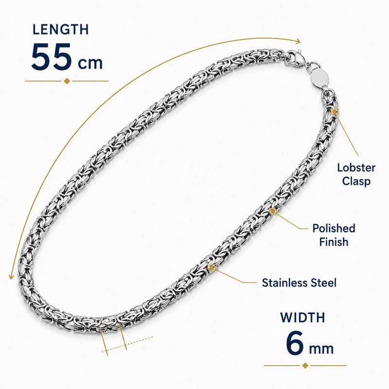 Stainless steel Byzantine chain necklace size and product specifications, 55 cm length, 6 mm width, lobster clasp