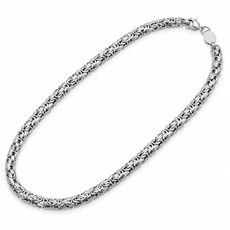 Men's silver stainless steel Byzantine chain necklace, 6 mm width and 55 cm length, 45-degree product view on white background