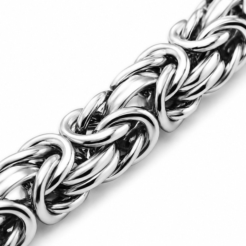 Polished stainless steel Byzantine chain interwoven link craftsmanship macro detail