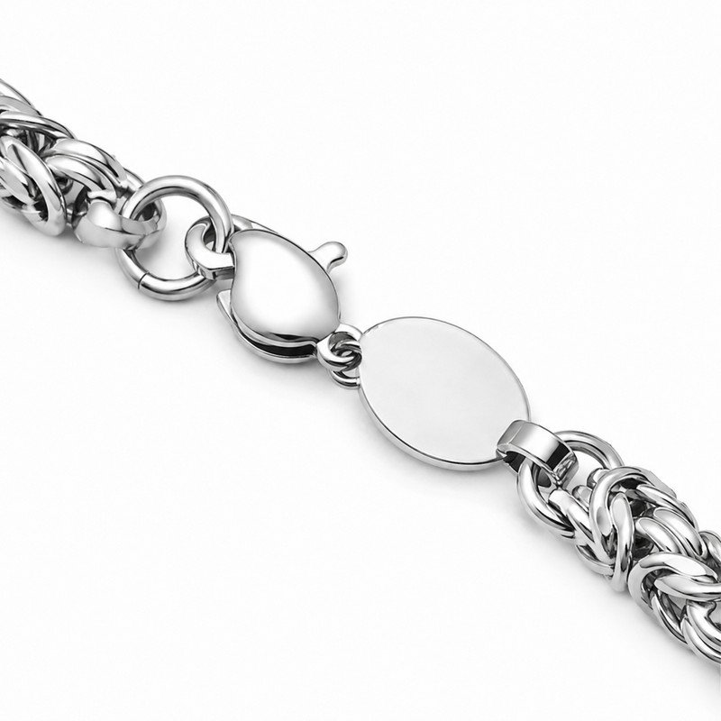 Stainless steel Byzantine chain necklace lobster clasp and blank oval tag structure detail