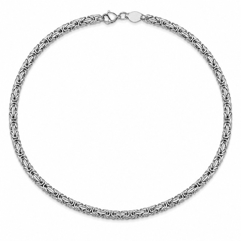 Silver stainless steel Byzantine chain necklace front view on white background with polished interwoven links