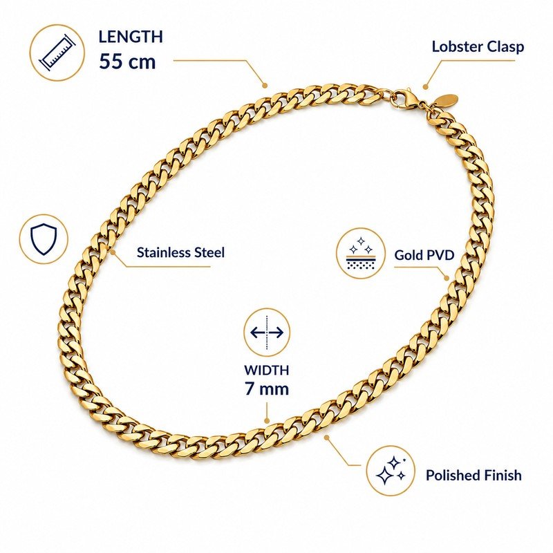 Gold stainless steel curb chain necklace specifications, 55 cm length, 7 mm width, Gold PVD and lobster clasp
