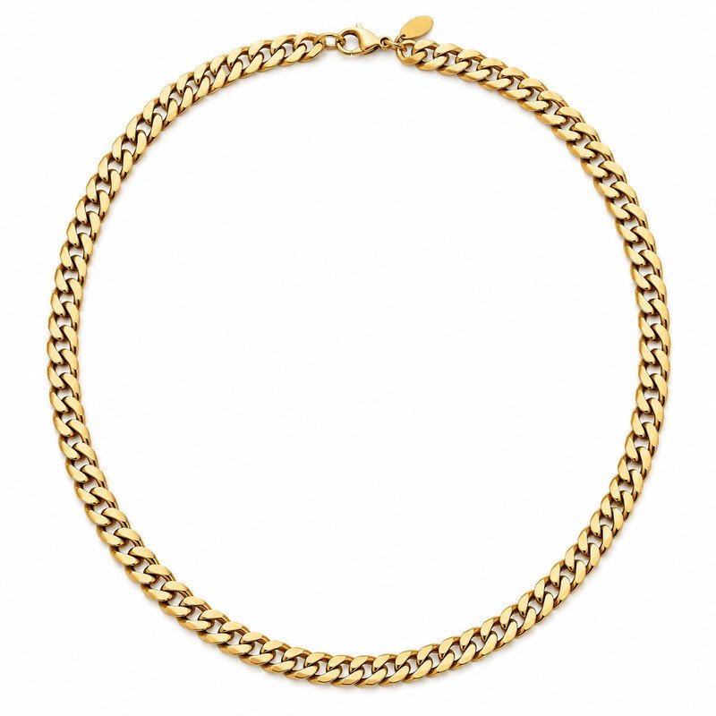 Gold stainless steel curb chain necklace front view on white background with polished flat links