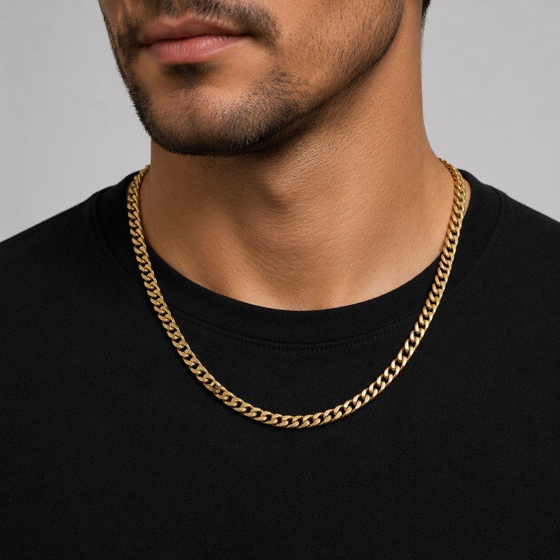 Man wearing a gold stainless steel curb chain necklace, 7 mm wide and 55 cm long