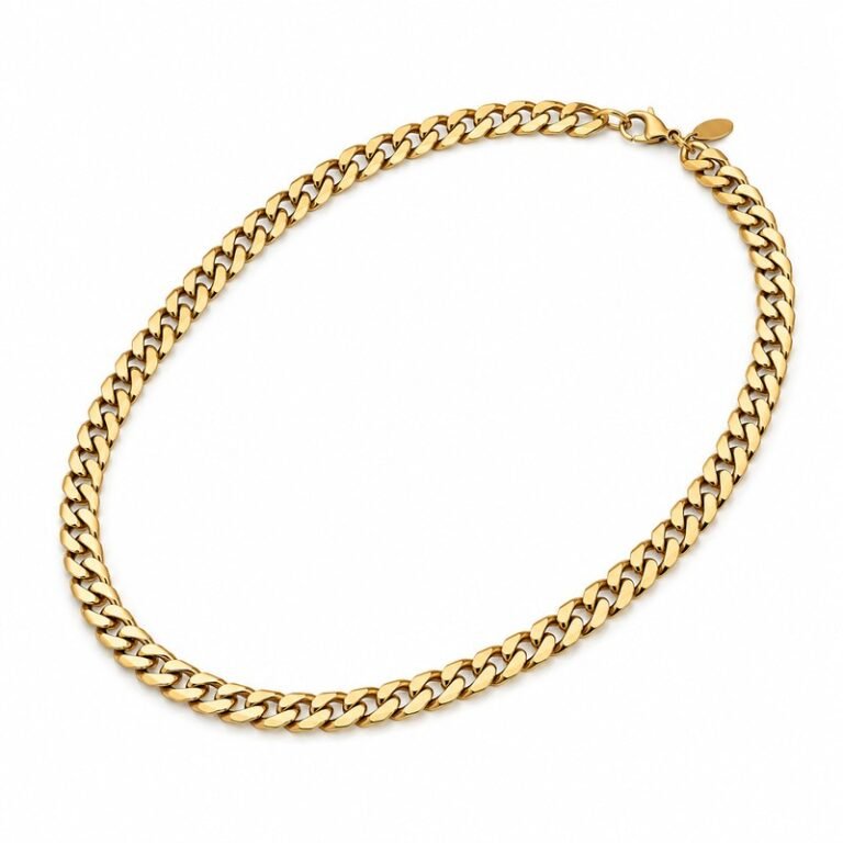 Men's gold stainless steel curb chain necklace, 7 mm width and 55 cm length, 45-degree product view on white background
