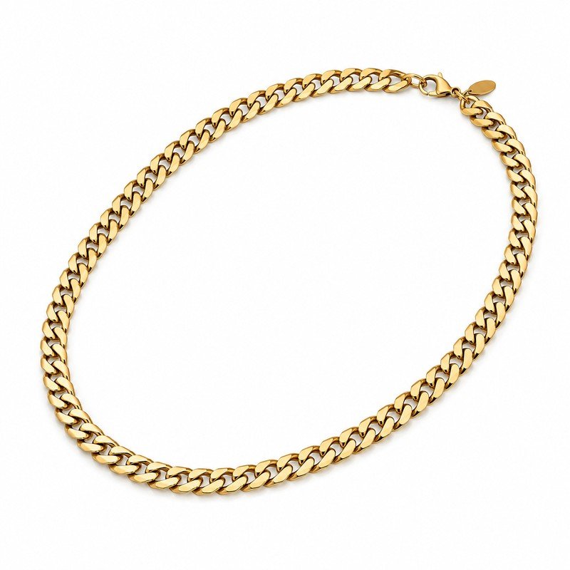 Men's gold stainless steel curb chain necklace, 7 mm width and 55 cm length, 45-degree product view on white background