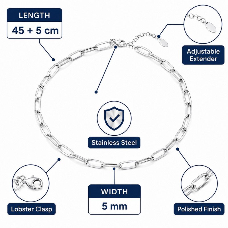 Stainless steel paperclip chain necklace specifications, 45 plus 5 cm length, 5 mm width and lobster clasp