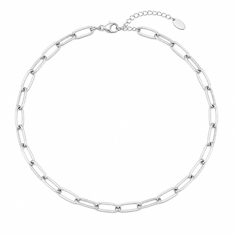Silver stainless steel paperclip chain necklace front view with elongated oval links