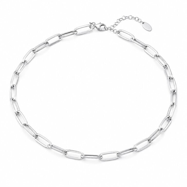 Women's silver stainless steel paperclip chain necklace, 5 mm width, 45 plus 5 cm adjustable length, 45-degree view