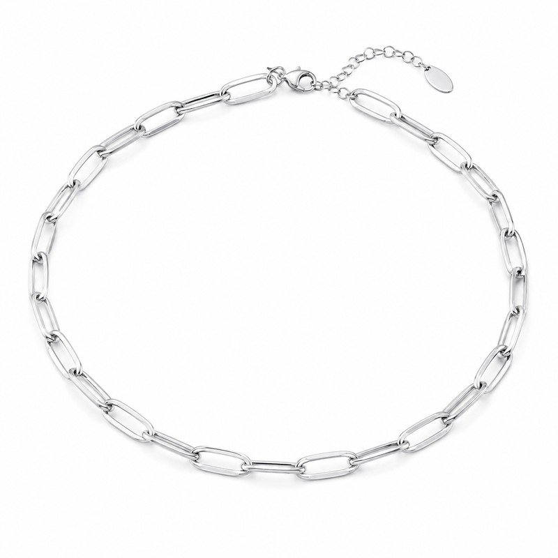 Women's silver stainless steel paperclip chain necklace, 5 mm width, 45 plus 5 cm adjustable length, 45-degree view