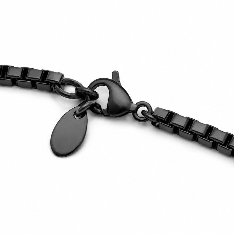 Black stainless steel box chain lobster clasp, jump rings and blank tag structure detail