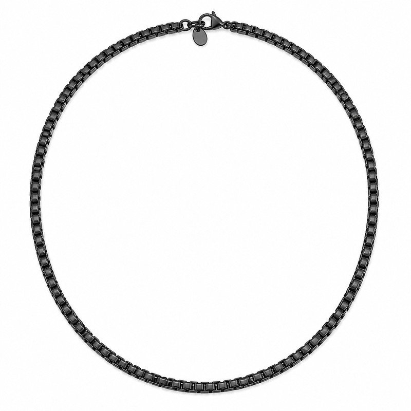 Black stainless steel box chain necklace straight-on front view on white background