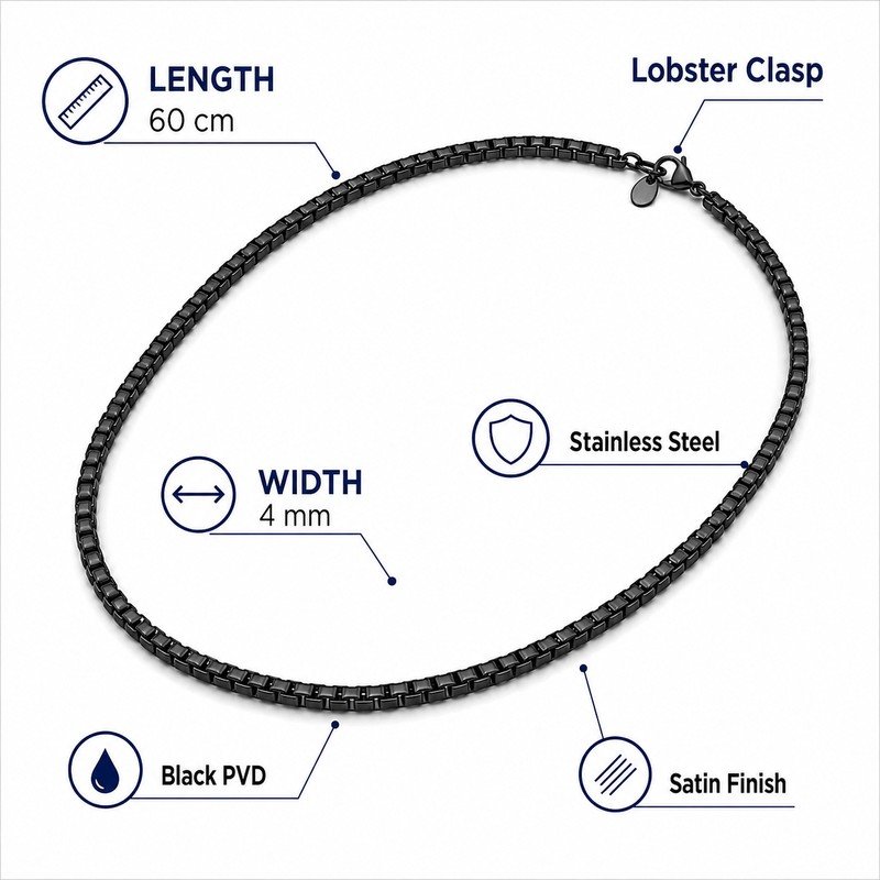 Black stainless steel box chain specifications, 60 cm length, 4 mm width and lobster clasp