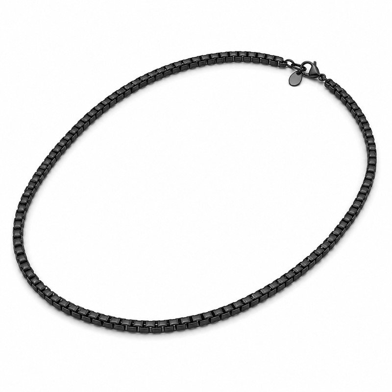 Men's black stainless steel box chain necklace, 4 mm width and 60 cm length, 45-degree white background view