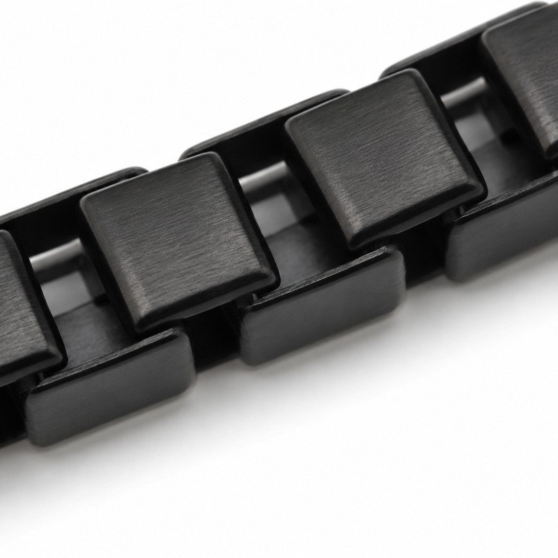 Satin black PVD stainless steel box chain square link craftsmanship macro detail