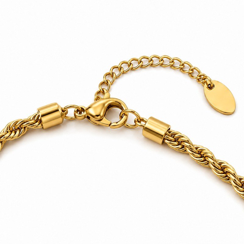 Gold stainless steel rope chain lobster clasp, extender and end-cap structure detail