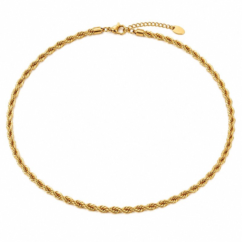 Gold stainless steel rope chain necklace straight-on front view on white background