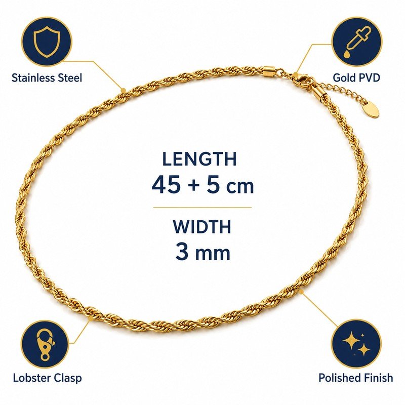 Gold stainless steel rope chain specifications, 45 plus 5 cm length, 3 mm width and lobster clasp