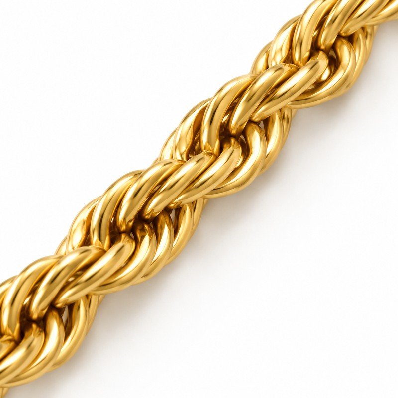 Polished gold PVD stainless steel twisted rope chain craftsmanship macro detail
