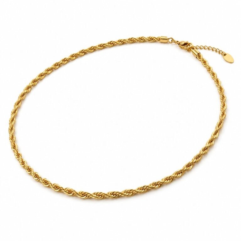 Women's gold stainless steel rope chain necklace, 3 mm width and 45 plus 5 cm length, 45-degree view