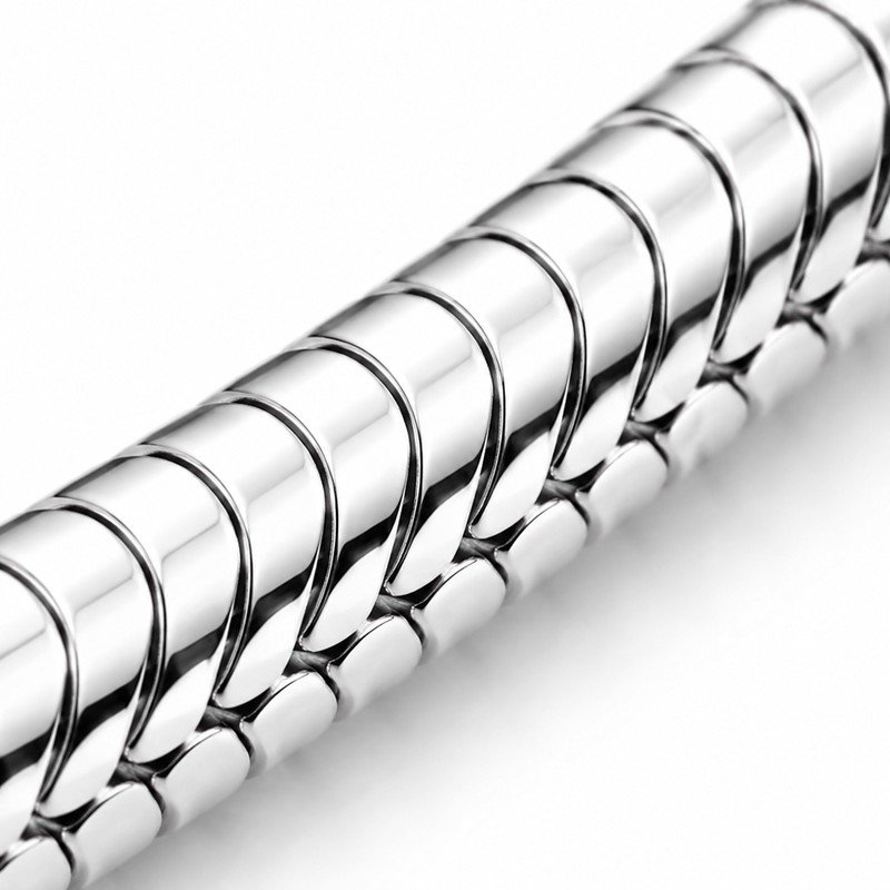 Polished stainless steel snake chain flexible segment craftsmanship macro detail