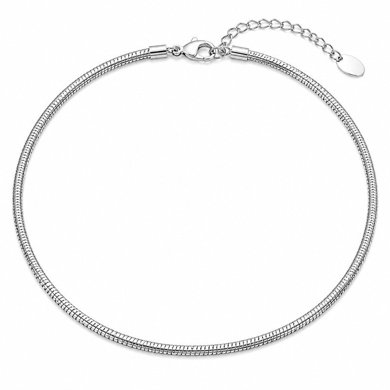 Silver stainless steel snake chain necklace straight-on front view on white background