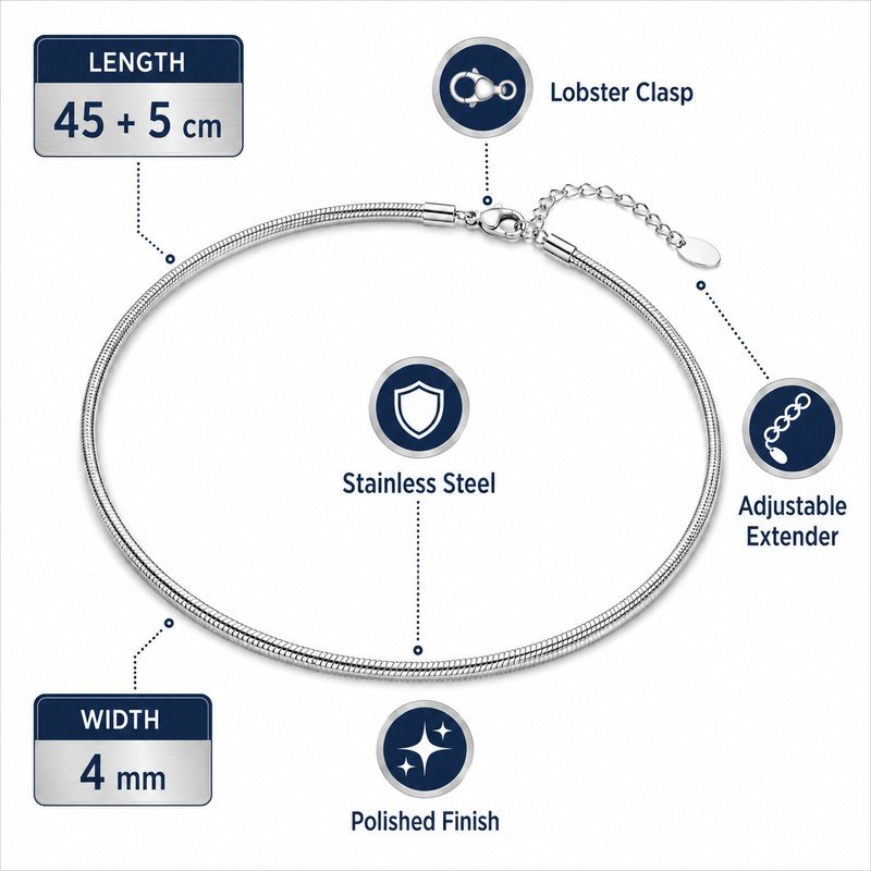 Stainless steel snake chain specifications, 45 plus 5 cm length, 4 mm width and lobster clasp