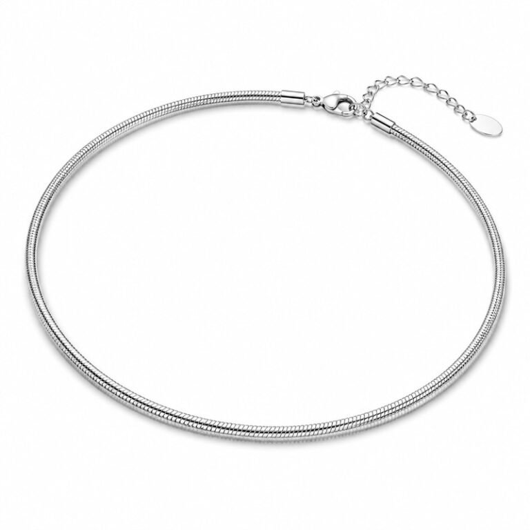 Women's silver stainless steel snake chain necklace, 4 mm width and 45 plus 5 cm length, 45-degree view